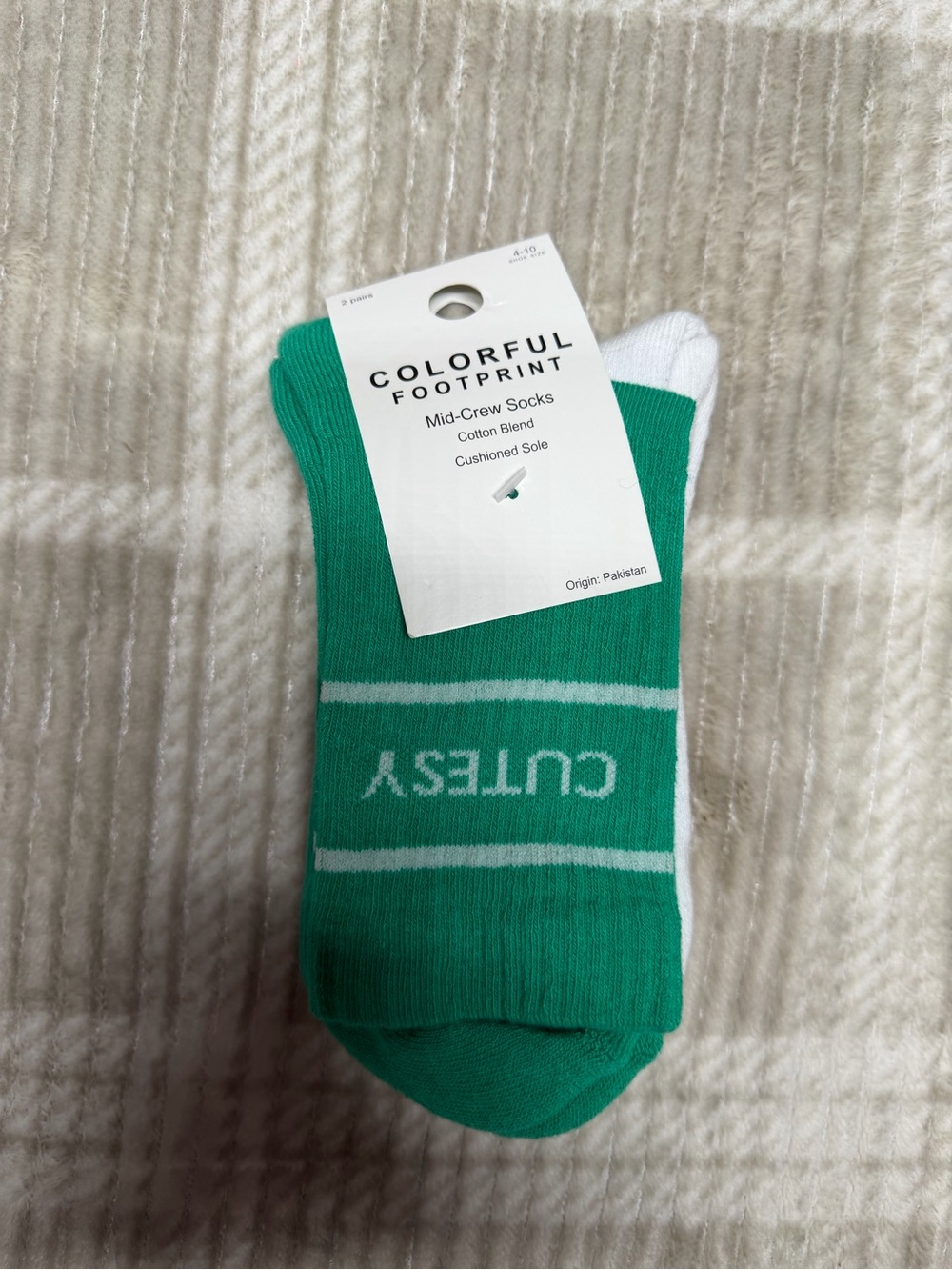 Green and White Mid-Crew Socks with CUTESY Logo